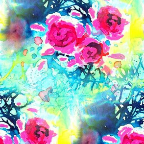 water color pink roses on teal with  yellow