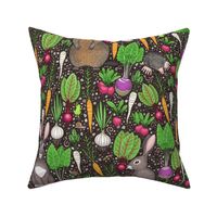 root vegetables and garden critters on dirt brown