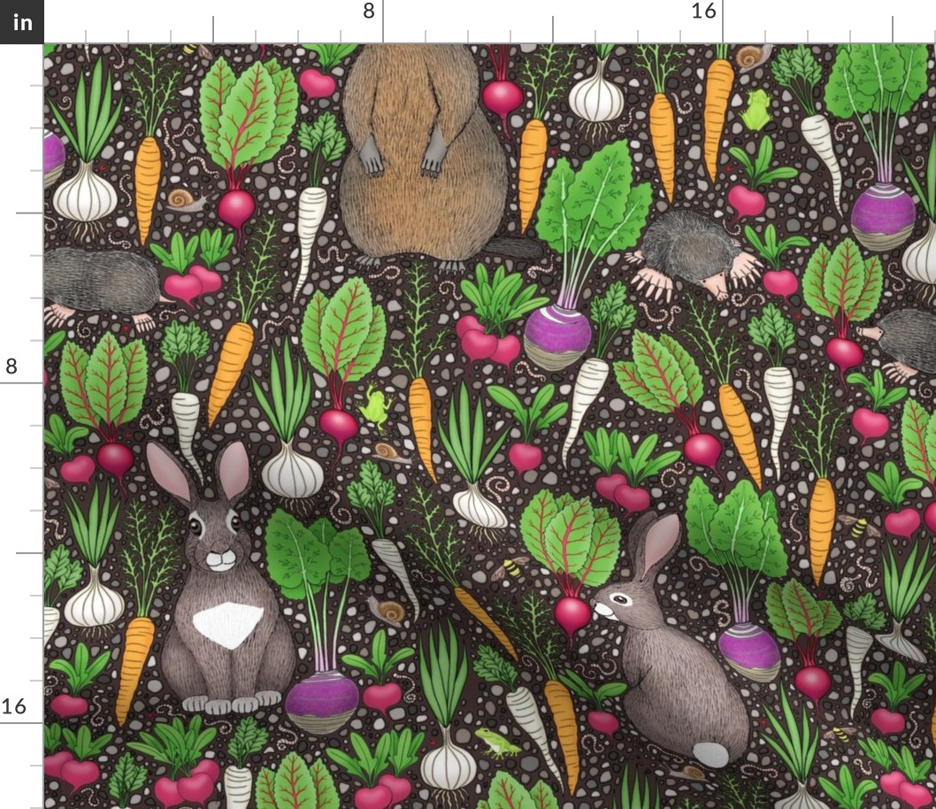 root vegetables and garden critters on dirt brown