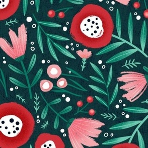 Bright red and pink flowers and green leaves