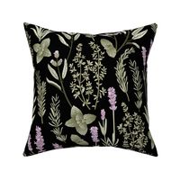 Old World Fragrant Herbs botanical - soft green and purple on black - large