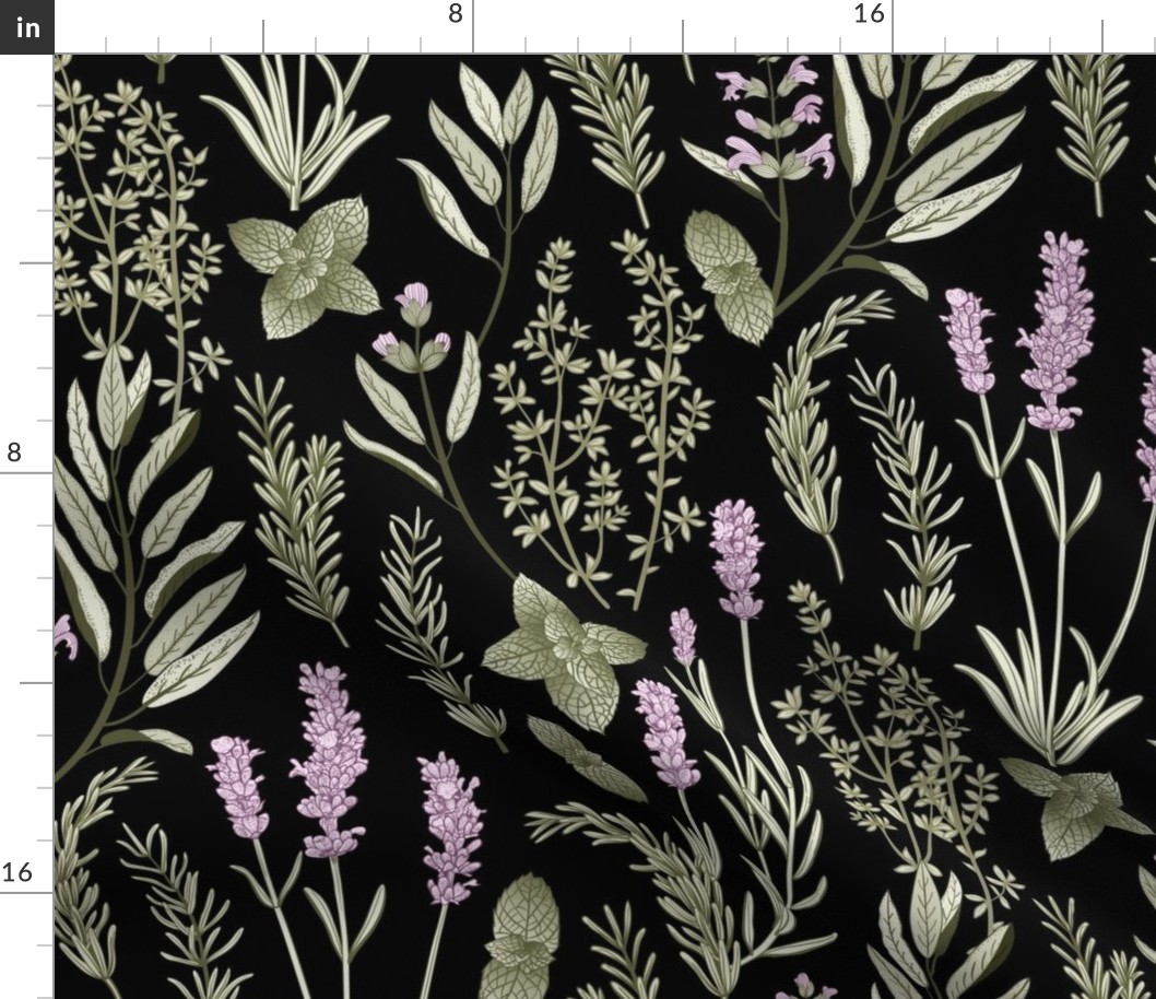 Old World Fragrant Herbs botanical - soft green and purple on black - large