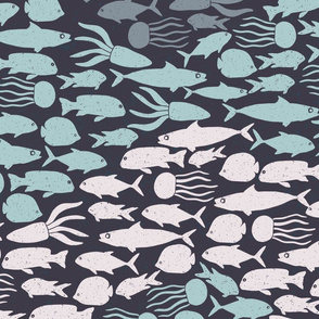 Fish school in gray aqua dark background large