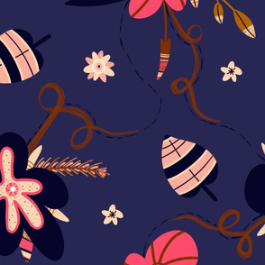 Botanical vibes. Flowers, spikelets, and leaves on a dark blue background.