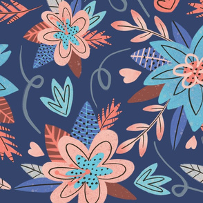 Botanical vibes. Flowers and leaves on a blue background.