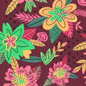 Painted fairy flowers on burgundy background