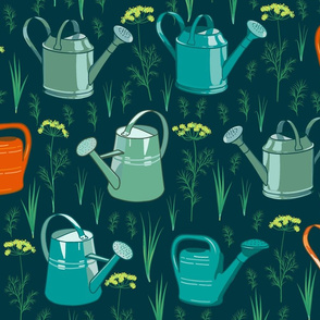 Watering Cans. Blue Background. Large Scale.