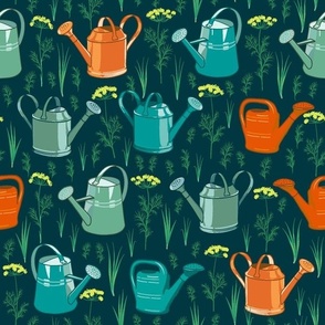 Watering Cans. Blue Background.