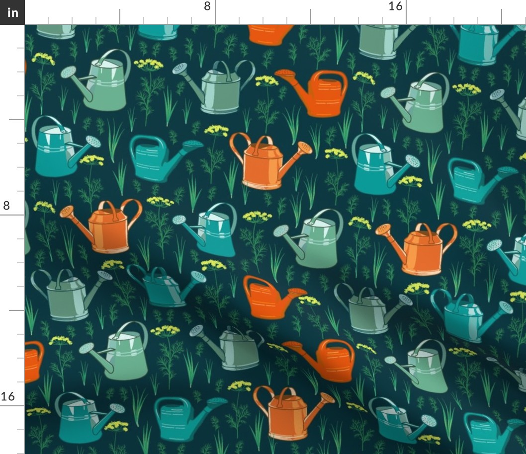 Watering Cans. Blue Background.