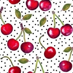 Bright Red Cherries with Polka Dots on White