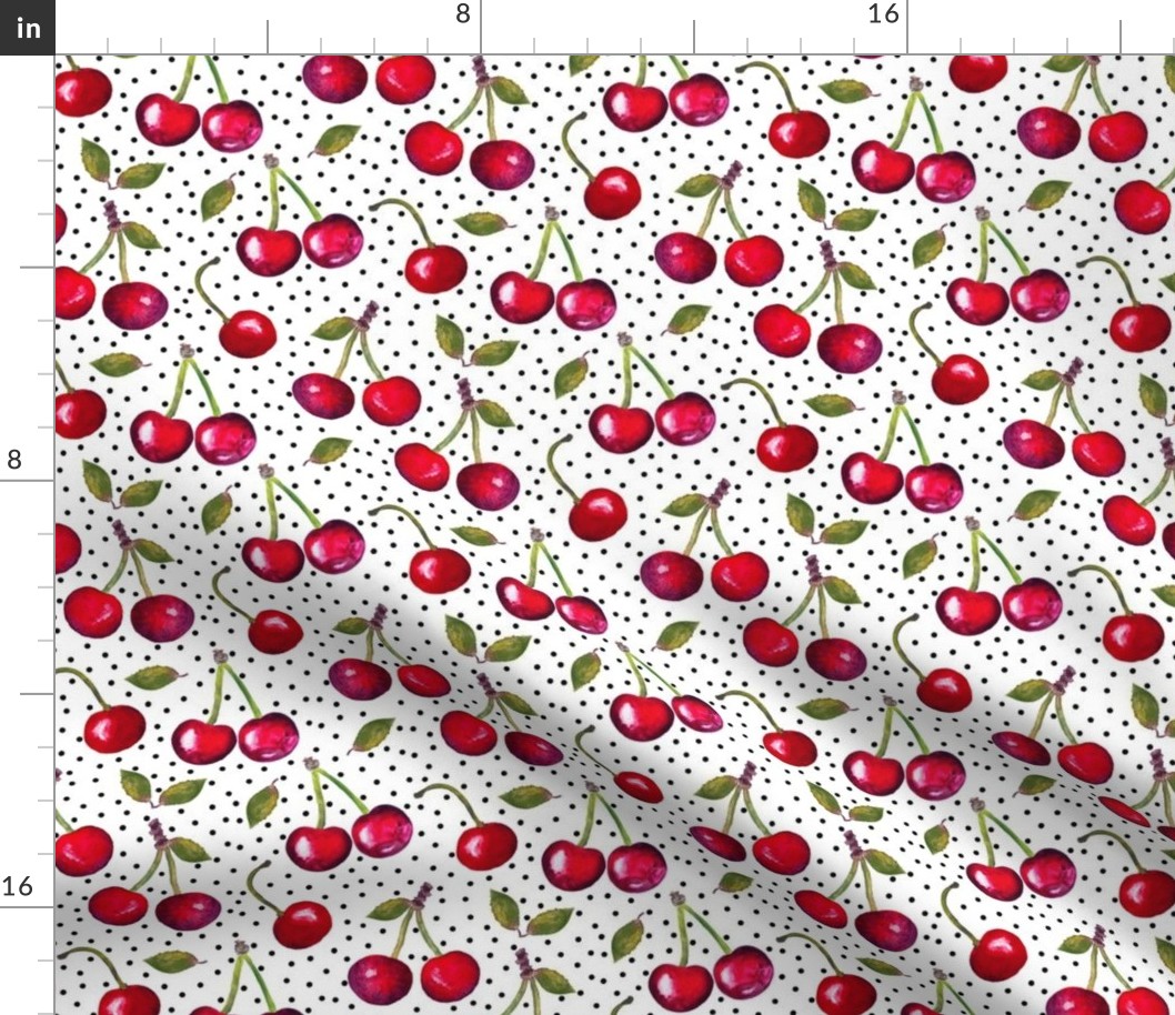 Bright Red Cherries with Polka Dots on White