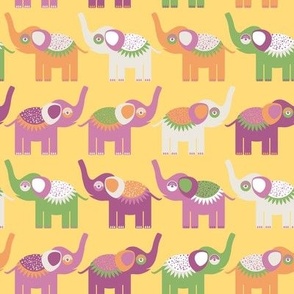 pattern with elephants. Purple orange, green. 