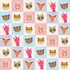funny animals owl raccoon unicorn cow bear cat seamless pattern with pink lilac blue square.
