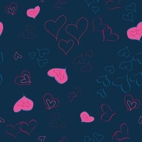 Dark blue background with pink and blue hearts