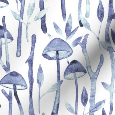 Whimsical Mushroom Forest - blue watercolor on white - very large scale 