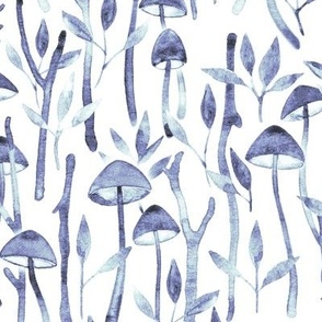 Whimsical Mushroom Forest - blue watercolor on white - large scale
