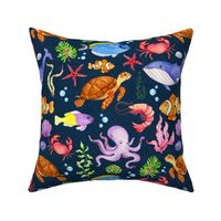 Large Scale Under the Sea Fish and Sea Creatures on Navy