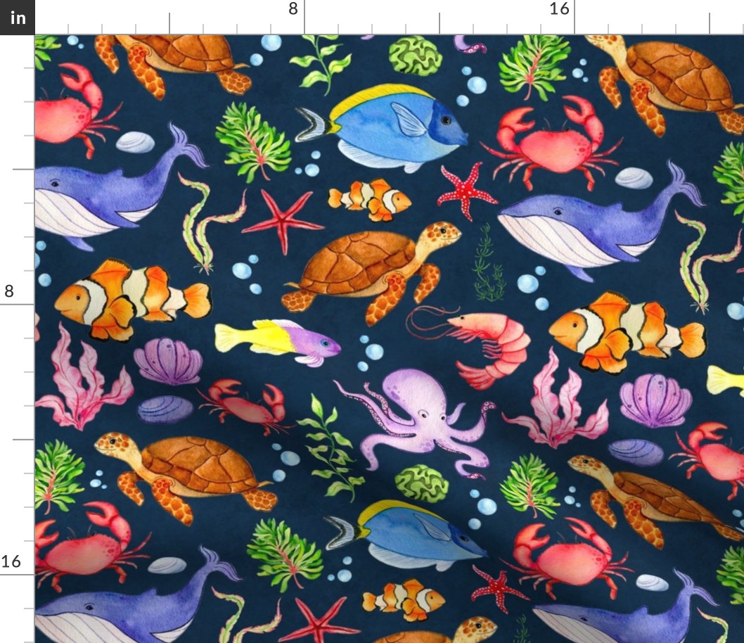 Large Scale Under the Sea Fish and Sea Creatures on Navy