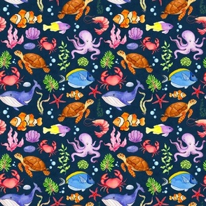 Medium Scale Under the Sea Fish and Sea Creatures on Navy