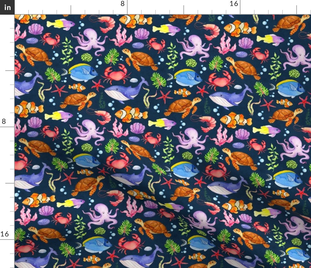 Medium Scale Under the Sea Fish and Sea Creatures on Navy