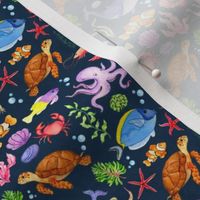 Small Scale Under the Sea Fish and Sea Creatures on Navy