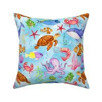 Large Scale Under the Sea Fish and Sea Creatures on Blue Ocean Background