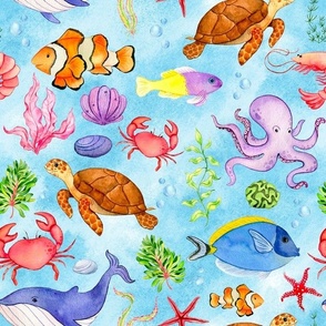 Large Scale Under the Sea Fish and Sea Creatures on Blue Ocean Background