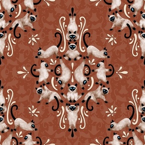 Cat Yoga Damask - brown terracota - medium size - cats, kittens, kitty, cat print 