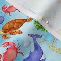Medium Scale Under the Sea Fish and Sea Creatures on Blue Ocean Background