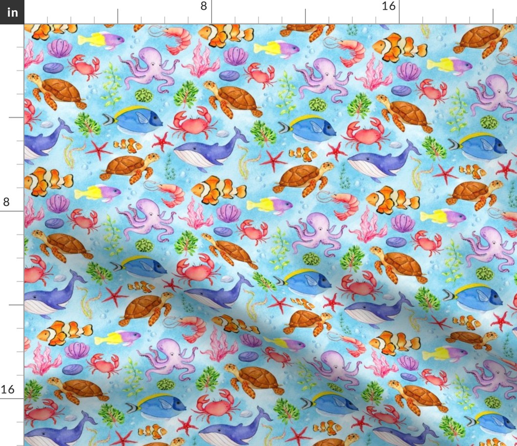 Medium Scale Under the Sea Fish and Sea Creatures on Blue Ocean Background