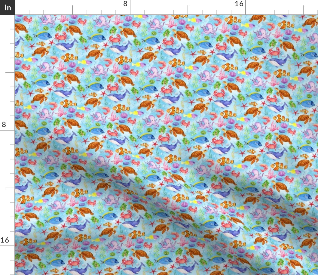 Small Scale Under the Sea Fish and Sea Creatures on Blue Ocean Background