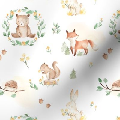 Woodland Babies Watercolor animals nursery fabric 