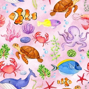 Large Scale Under the Sea Fish and Sea Creatures on Pink Ocean Background