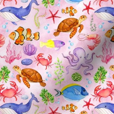 Medium Scale Under the Sea Fish and Sea Creatures on Pink Ocean Background