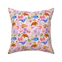 Medium Scale Under the Sea Fish and Sea Creatures on Pink Ocean Background