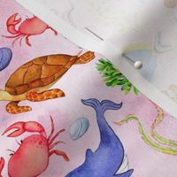 Medium Scale Under the Sea Fish and Sea Creatures on Pink Ocean Background