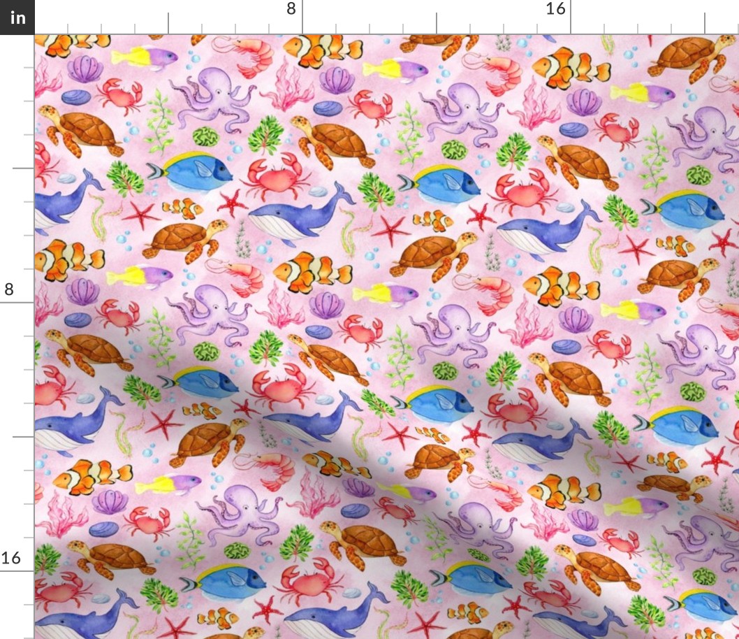 Medium Scale Under the Sea Fish and Sea Creatures on Pink Ocean Background