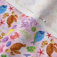 Small Scale Under the Sea Fish and Sea Creatures on Pink Ocean Background