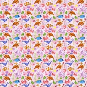 Small Scale Under the Sea Fish and Sea Creatures on Pink Ocean Background