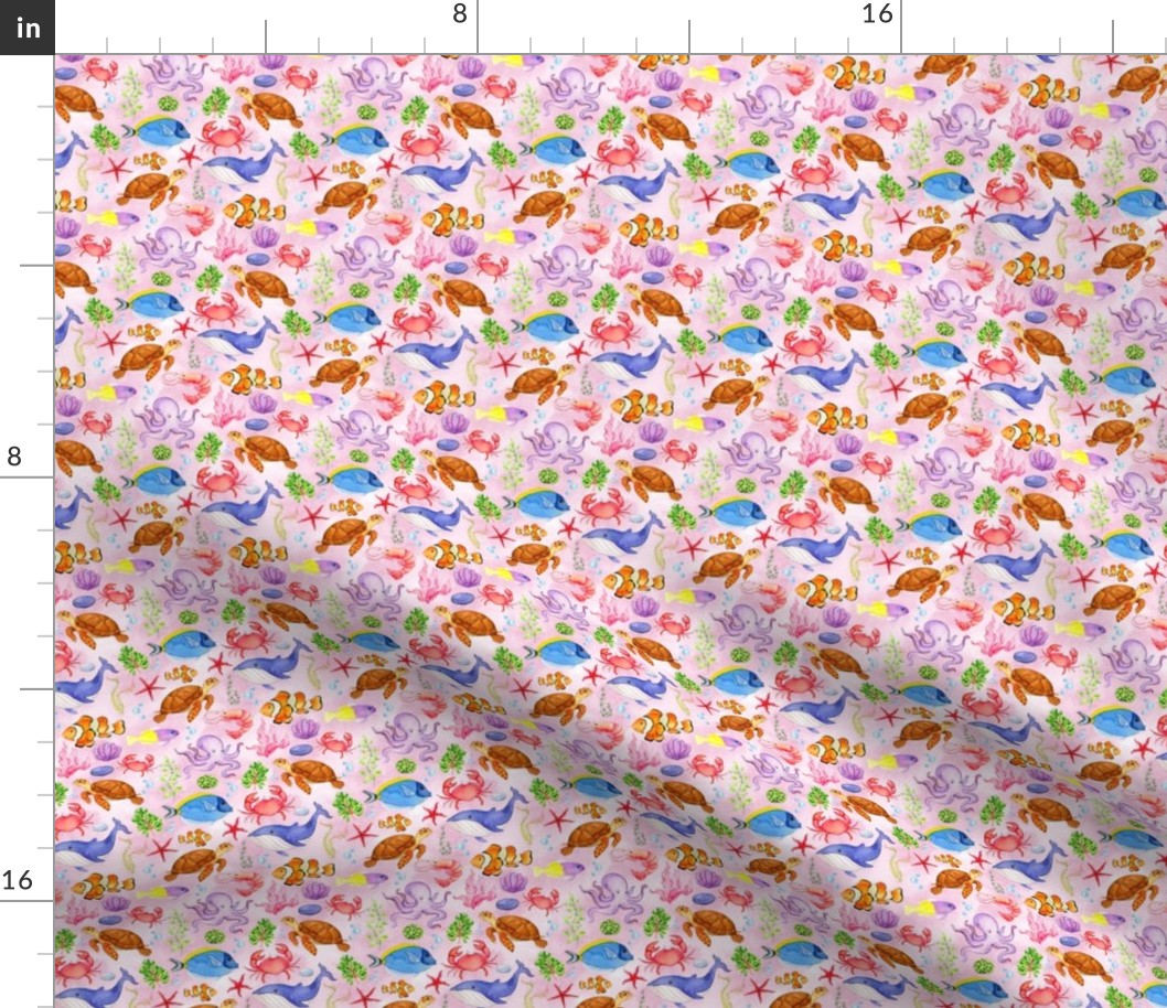 Small Scale Under the Sea Fish and Sea Creatures on Pink Ocean Background