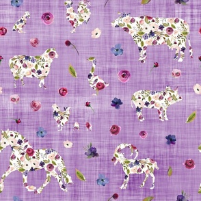 farm animals dark purple linen floral