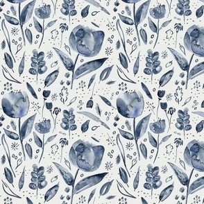 Watercolour Indigo Blue Flowers And Leaves Off White Small