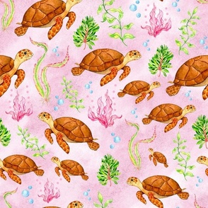 Bigger Scale Sea Turtles on Pink Ocean Background
