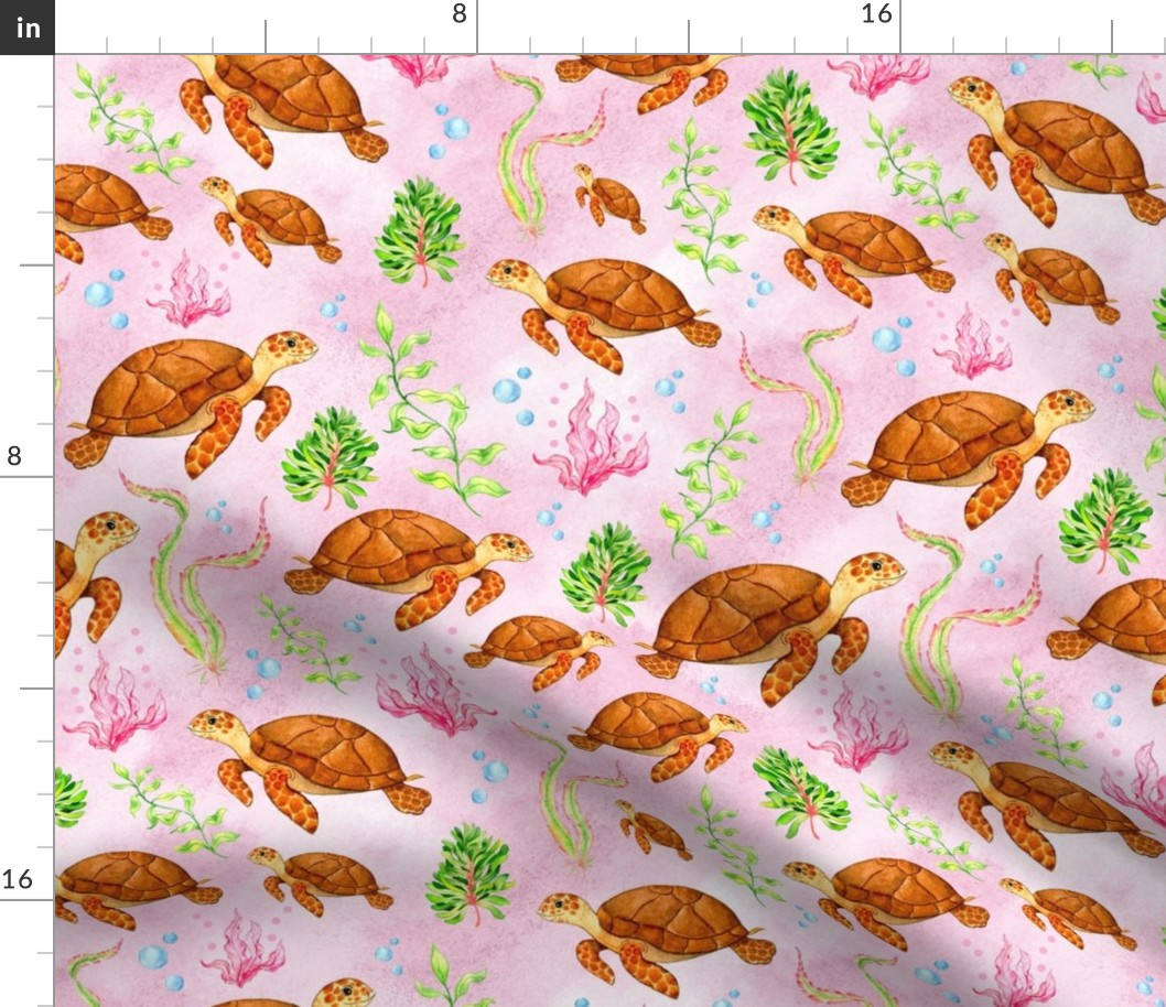 Bigger Scale Sea Turtles on Pink Ocean Background