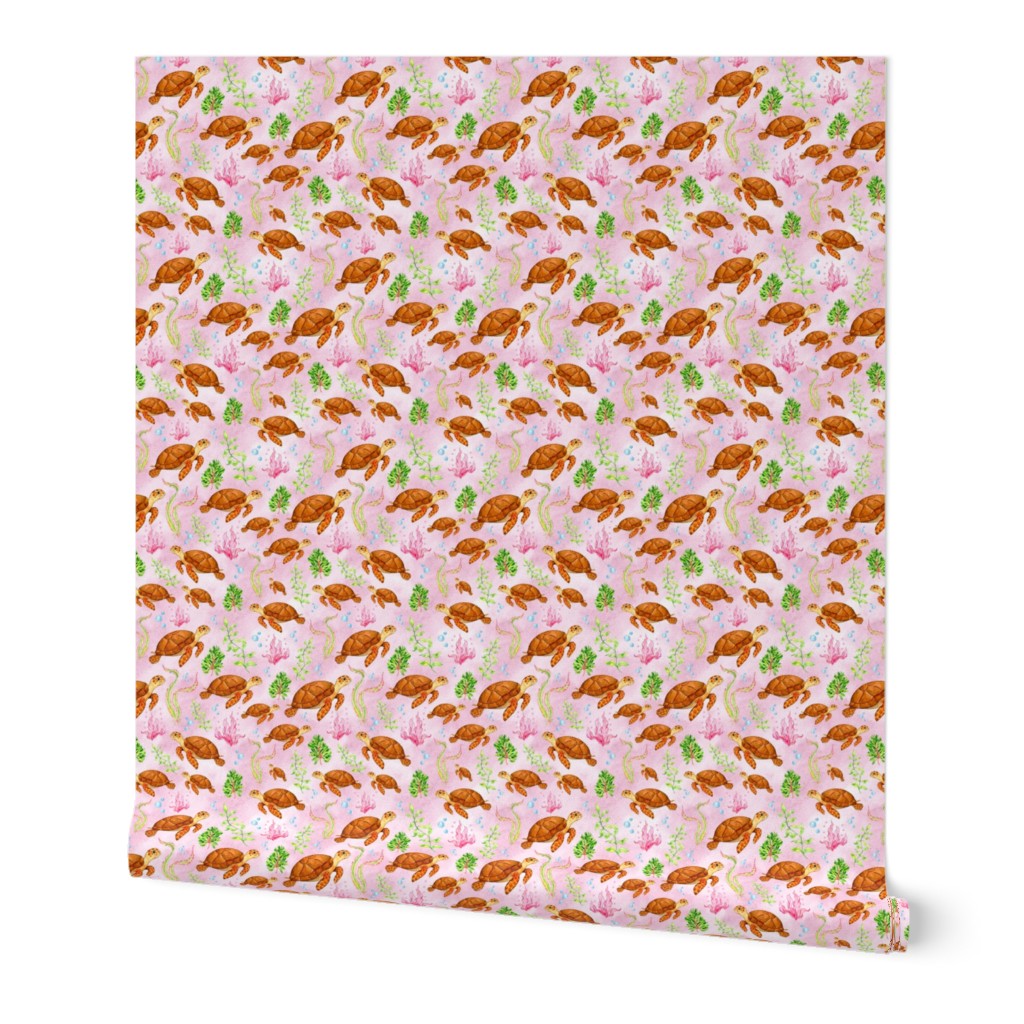 Smaller Scale Sea Turtles on Pink Ocean Background