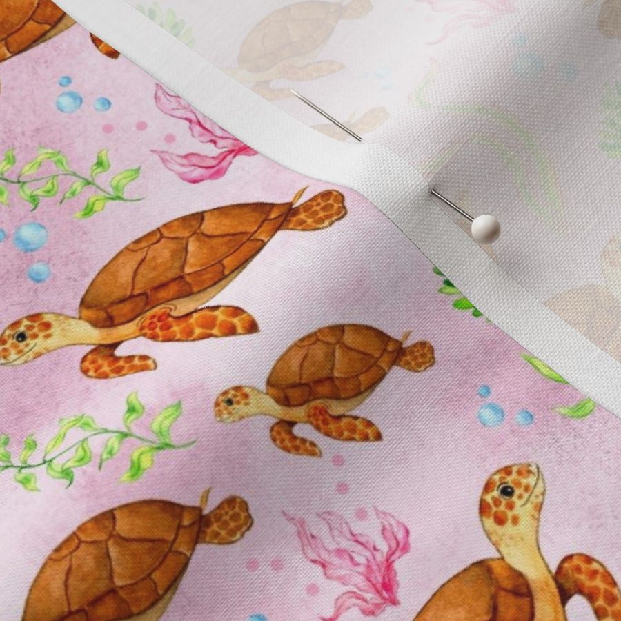 Smaller Scale Sea Turtles on Pink Ocean Background