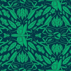 Mantis Damask - Lengthwise Green and Navy Blue Colorway