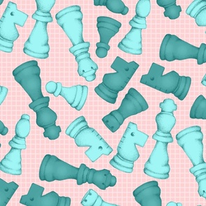 Once a Pawn a Chess Game - turquoise and teal green on pale coral pink - large scale