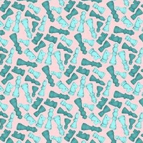 Once a Pawn a Chess Game - turquoise and teal green on pale coral pink - tiny scale 