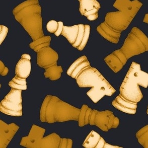 Once a Pawn a Chess Game - dark burnt mustard orange, yellow and cream on black - medium scale 